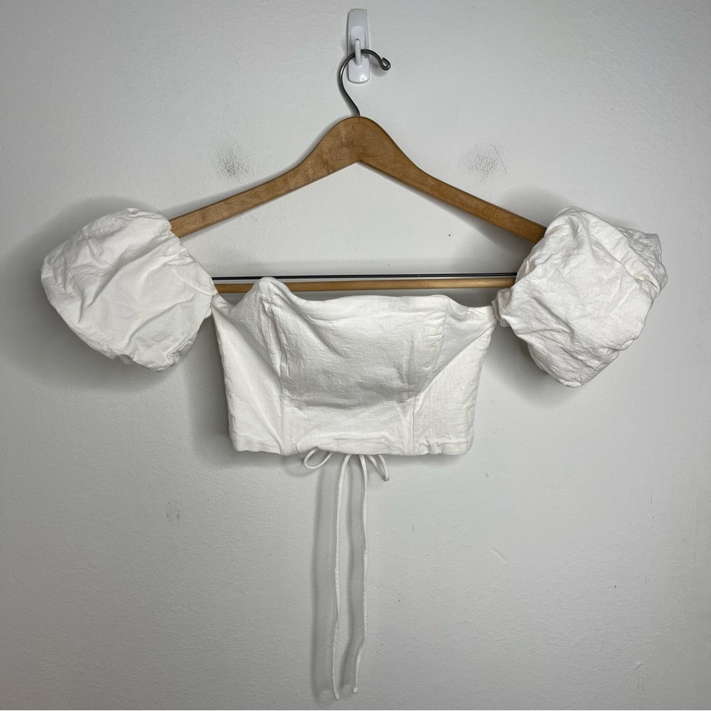 SEVEN Wonders Ivory Puff Sleeve Off Shoulder Cotton Tie Corset Crop Top Sz S - Picture 2 of 16
